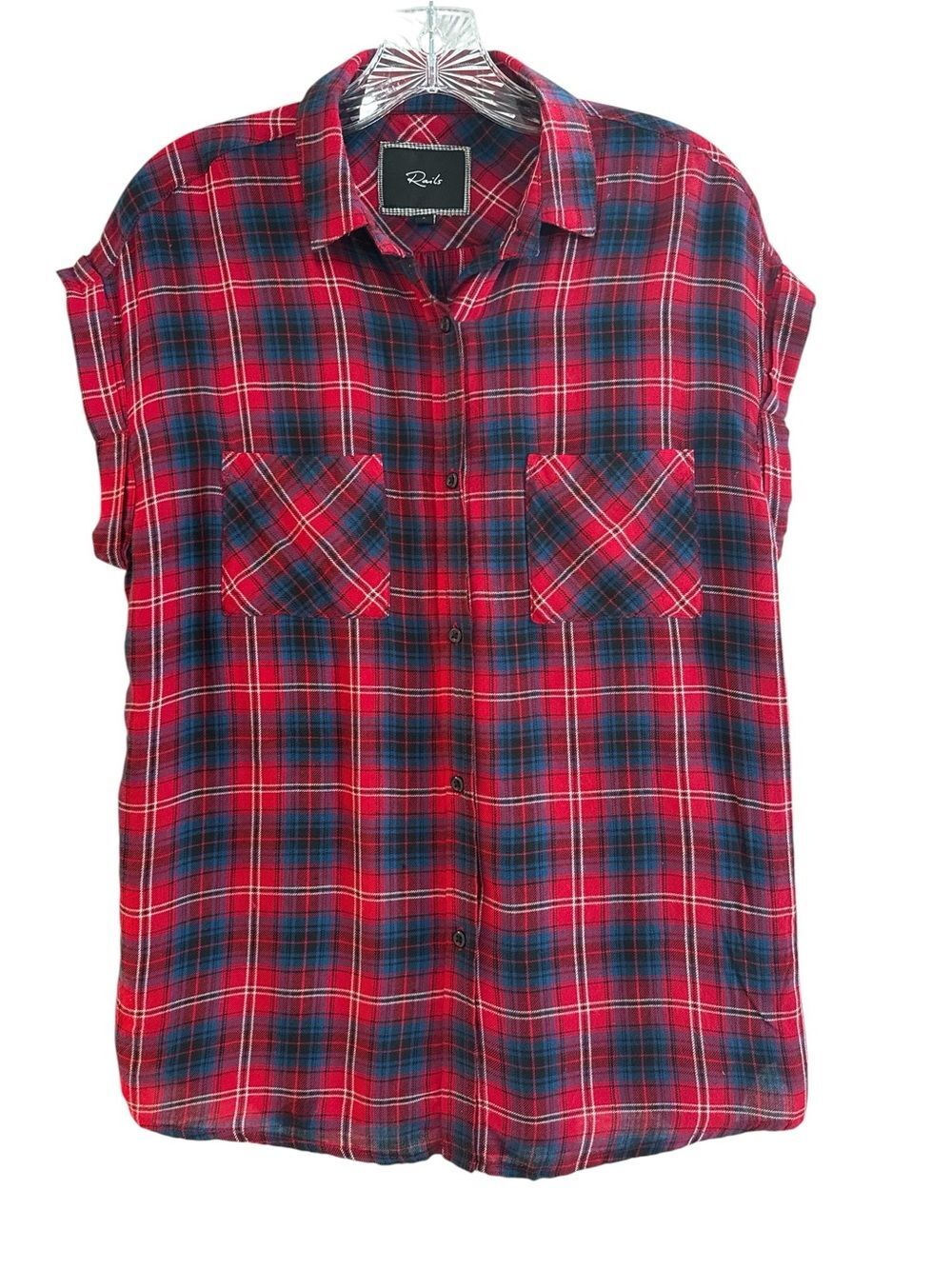 Rails Britt Red Blue Plaid Cap Sleeve Button Front Soft Rayon Flannel Shirt S